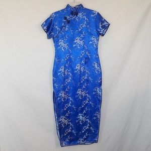 VTG Chinese Long Blue W/ White Flowers Satin Dress